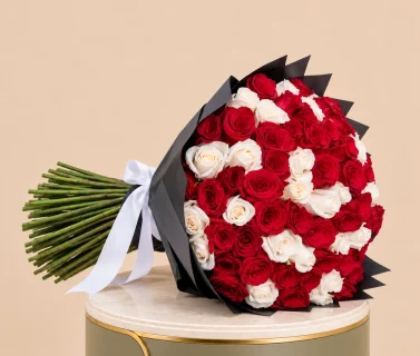 Red and White Rose Bouquet with Black Wrap | 100 Roses 2
