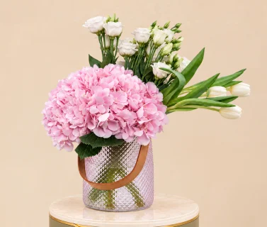 Pink Hydrangea, White Lisianthus & White Tulips in Glass Vase 1