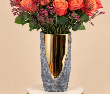 Orange Roses with Purple Statice in Grey & Gold Vase 3