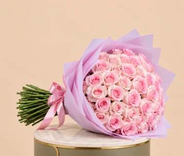 Pink Rose Bouquet with Pink Wrap | 50 Roses