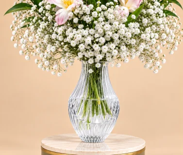 Pink Tulips & Baby’s Breath in Clear Glass Vase 2