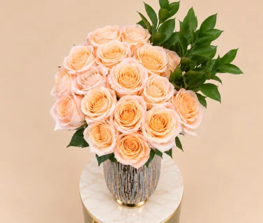Peach Roses in Silver Vase with Gold Accents 3