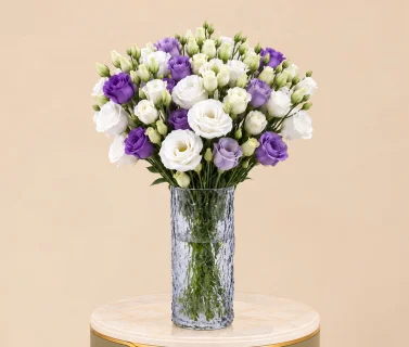 White & Purple Lisianthus in Textured Glass Vase 1