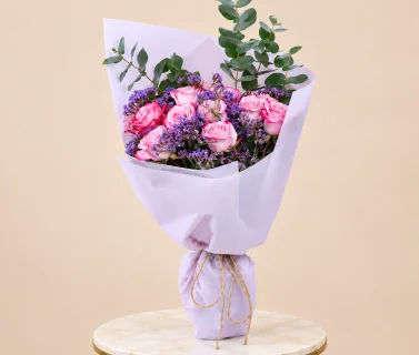 Pink Rose Bouquet with Purple Statice & Eucalyptus | 15 Roses 1