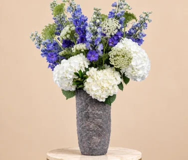 White Hydrangea & Blue Delphinium in Grey Vase 1