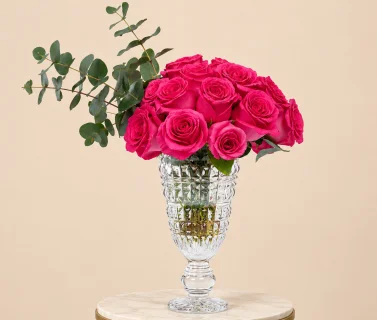 Deep Pink Roses with Eucalyptus in Crystal Glass Vase 1