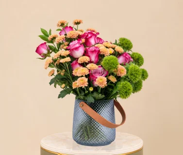 Pink Rose & Peach Chrysanthemum in Blue Glass Vase 1