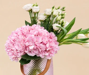 Pink Hydrangea, White Lisianthus & White Tulips in Glass Vase 2