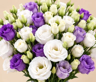 White & Purple Lisianthus in Textured Glass Vase 4