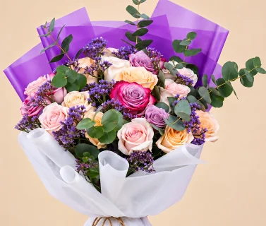Pink, Peach & Purple Rose Bouquet with Eucalyptus 3