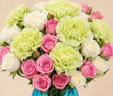 Pink & White Roses with Green Carnations in Blue Glass Vase 3