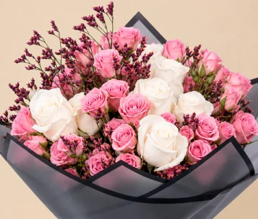 Pink & White Rose Bouquet with Black Wrap 3