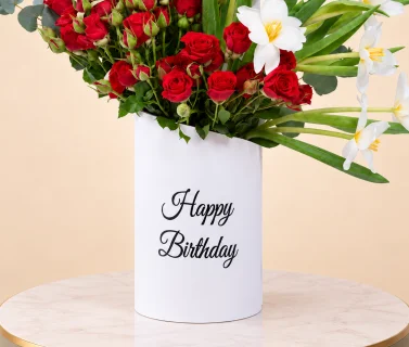 Red Spray Roses & White Alstroemeria with Eucalyptus in Birthday Box 3