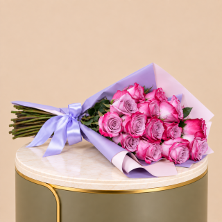 Pink & Lilac Rose Bouquet with Lilac Wrap | 15 Roses 2