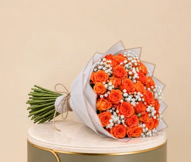 Orange Rose Bouquet with Baby’s Breath & White Wrap 1