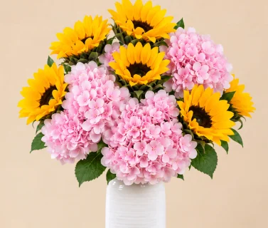 Pink Hydrangea & Sunflower Arrangement in White Vase SEO Title – Arabic 3