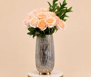 Peach Roses in Silver Vase with Gold Accents 1